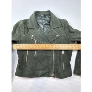 Topshop Suede Leather Moto Jacket Dark Green Women's Size 8 thumbnail 4