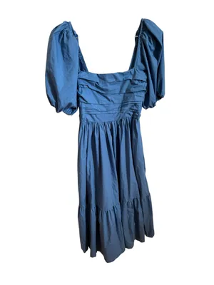 Abercrombie & Fitch Emerson Ruched Puff Sleeve Poplin Midi Dress Blue XS thumbnail 2