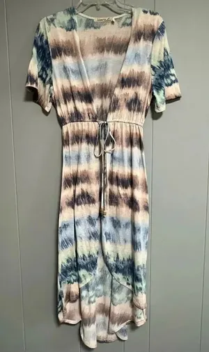 LIBERTY LOVE Tie Dye Swim Cover Tie Waist Wrap Blue Brown Green Cream Size M thumbnail 1