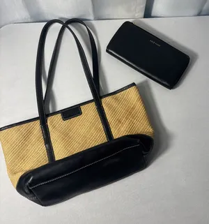 Cole Haan Purse &‎ Wallet Woven Straw Black Faux Leather Shoulder Floral Accents thumbnail 1
