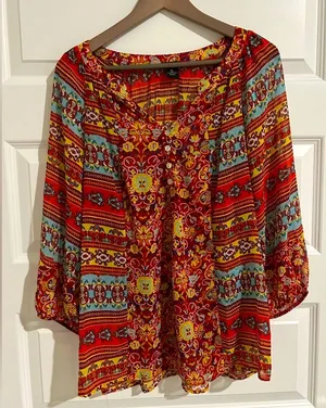 s Long Sleeve Boho Blouse Orange Blue Size XL thumbnail 1