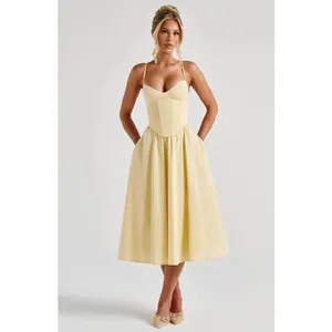 NWT Babyboo Mariella Lemon Yellow Lace Up Corset Fit & Flare Midi Dress Size XS thumbnail 2