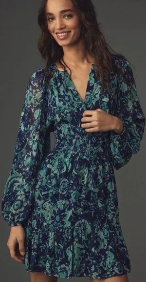 Anthropologie Somerset Long Sleeve Mini Dress Blue Printed Size S thumbnail 1
