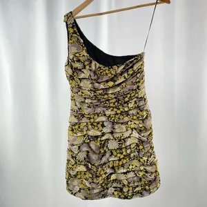 NWT Zara One Shoulder Metallic Floral Mini‎ Dress in Purple Gold Size Medium thumbnail 6