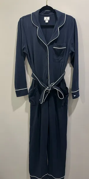 Petite Plume 100% Pima Cotton Polo Pajama Jumpsuit Navy thumbnail 1