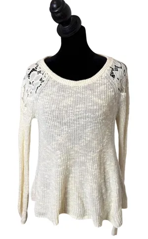 Hollister Textured Knit Sweater Floral Lace Trim Womens S Open Knit Shabby Chic thumbnail 1