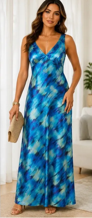 bebe Women's Blue Multi Watercolor V-Neck Maxi Dress Size S NWT Made in USA thumbnail 1