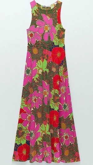 Zara Floral Special Edition Printed Maxi Dress Sleeveless Pink Green Red Small thumbnail 1