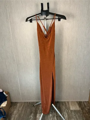 Cowl-Neck Midi Slip Dress in Rust Brown thumbnail 16