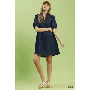 Umgee Notched Puff Sleeve Mini Dress‎ with Pockets - Small thumbnail 5
