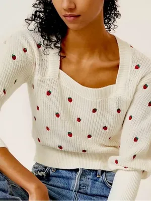 Maeve Cream Square-Neck Sweater with Red Strawberry Embroidery New no Tags thumbnail 1