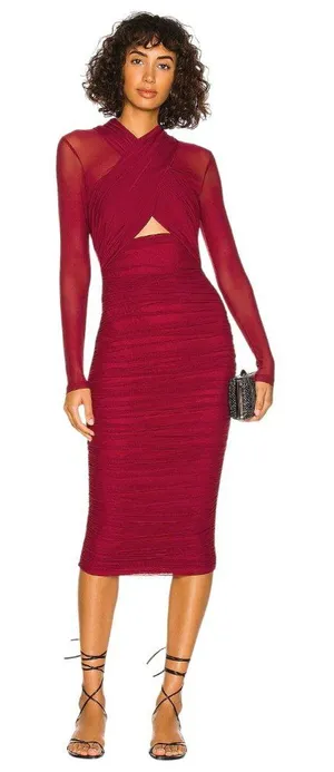 Bardot Aliyah Dress in Burgundy XSmall New Womens Midi Stretch Cocktail thumbnail 1