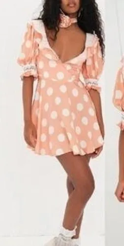 For Love & Lemons‎ Mini Dress Women L Peach Polka Dot CD2932-SP23 Lace Trim New thumbnail 1