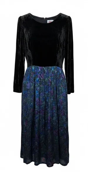 Lanz Originals Vintage Black Velvet Metallic Brocade Floral‎ Midi Dress USA Made thumbnail 1