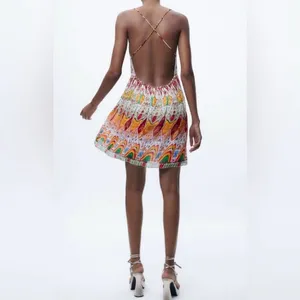 ZARA Geometric Print Straight Neck Strappy Embroidered Short Dress Size‎ Small thumbnail 10