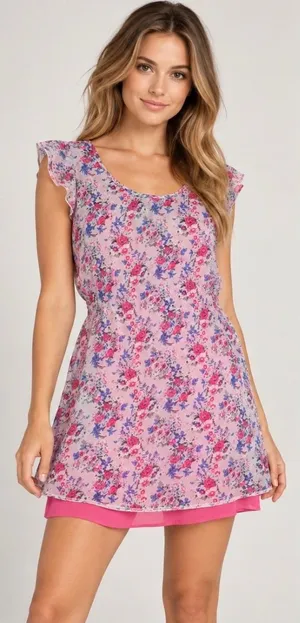 Superdry Floral Chiffon Mini Dress Pink Flutter Sleeve Layered Size Small thumbnail 1