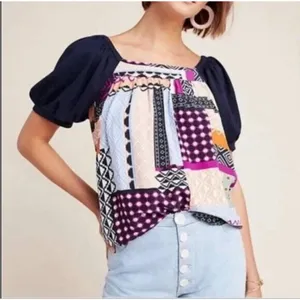 Anthropologie Maeve Catiana Patchwork‎ Puff-Sleeve Blouse Size XS thumbnail 1