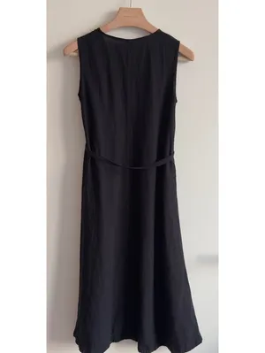UNIQLO Linen Blend A-Line Midi Dress Black Sleeveless Tie Waist Size S thumbnail 9