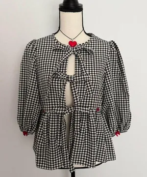 Boutique black & white gingham bow tie up blouse with mini red bows & red rosebuds thumbnail 1