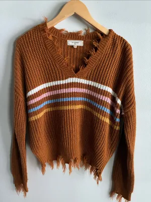 No Comment Distressed Oversized Sweater Brown Stripe Chunky Knit Size S thumbnail 1