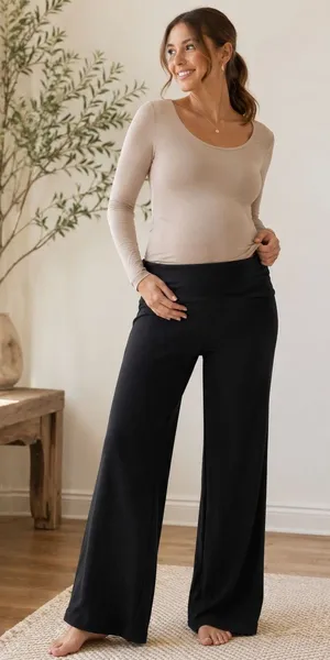 Skims Black Ribbed Modal Spandex Foldover Maternity Pants Wide Leg Size Large thumbnail 1