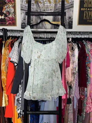 Selfie Leslie Kirra Sage Botanic Print Puff Sleeve Ruched Mini Dress XS New NWT thumbnail 12