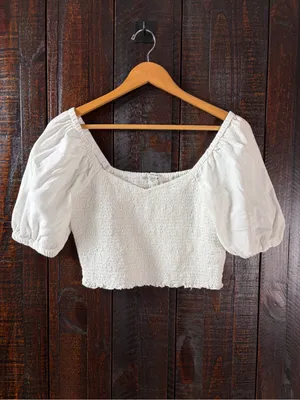 American Eagle Cotton Linen White Puff Sleeve Smocked Crop Top - M thumbnail 2