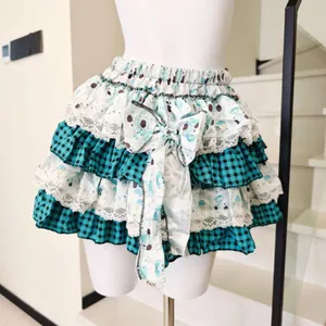 Plaid Print Tiered Ruffle Mini Skirt Lace Trim Bow thumbnail 2