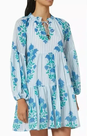 💃🏻Oliphant Blue Floral Balloon Sleeve Dress XS NWT Striped Boho‎ Resort Mini👗 thumbnail 1