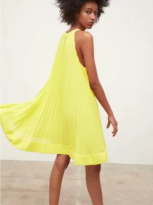 ZARA Pleated Halter Neck Sleeveless A-Line Mini Dress Yellow Sz XS thumbnail 2