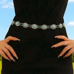 Western Vintage Engraved Style Oval Waist Chain Boho Silver Metal Waist Belt‎ thumbnail 3