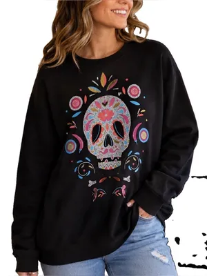 Black Crewneck Sweatshirt with Colorful Sugar Skull Graphic over size thumbnail 1