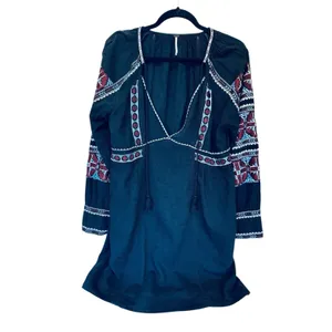 Free People All My Life Embroidered Mini Tunic Black Dress V Neck‎ Size M Boho thumbnail 3