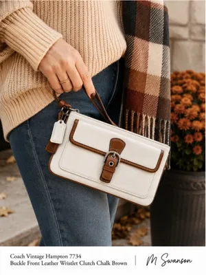 Vintage Coach Hampton 7734 Buckle Front Leather Wristlet Clutch Chalk Brown thumbnail 7