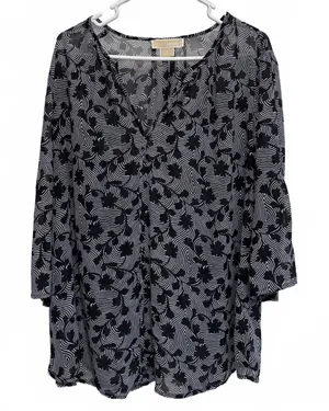 Michael Michael Kors Black Print V-Neck Blouse Plus Size 1X thumbnail 1