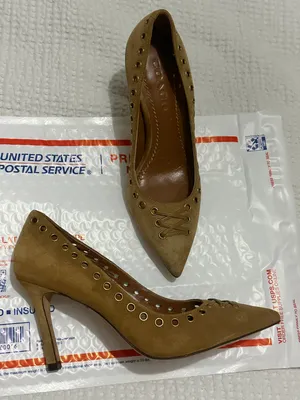 Coach varick grommet perforated suede pointed toe tan pumps thumbnail 1