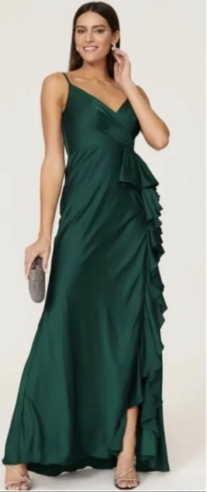 MAC DUGGAL FRG Green Satin Ruffled Asymmetrical Gown #67815 Size 12 thumbnail 1