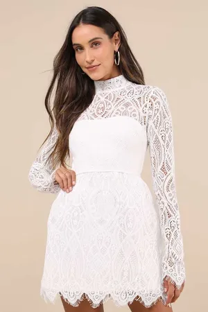 NWT Lulus Gorgeous Attraction White Lace Structured Long Sleeve Mini Dress Sz M thumbnail 1