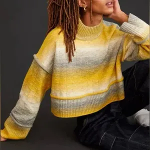 Pilcro‎ by Anthropologie Cropped Mock Neck Sweater in Yellow & Gray Ombre Large thumbnail 3
