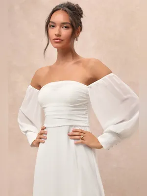 Lulus Adorna White Off-the-Shoulder Maxi Dress Size Small NWT Wedding Beach thumbnail 3