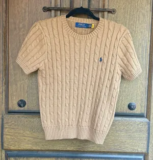 Polo Ralph Lauren Camel Cable-Knit Short Sleeve Crewneck Sweater Size M thumbnail 1