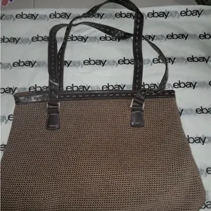 The Sak Brown Crochet Tote Shoulder Bag Faux Leather Trim & Double Straps thumbnail 1