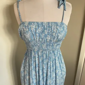 Light Blue Floral Midi Dress Small A-Line Summer Cottagecore Tie Strap Plaid thumbnail 3