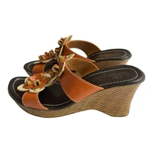 Bonita Floral Leather Wedge Sandals Cognac Brown Slide Mules Platform Heel thumbnail 3