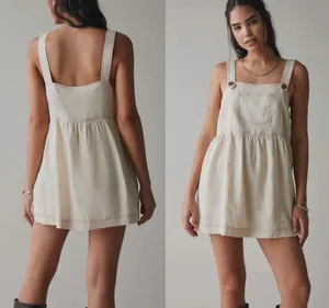 Anthropologie NWT ReMADE By UO Made In LA EcoVero™ Cream Linen Shortall Button-Straps Dress S thumbnail 2