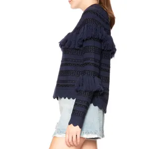 Jonathan Simkhai Tassel Fringe Knit Wool Sweater Black Blue‎ Stripe thumbnail 4