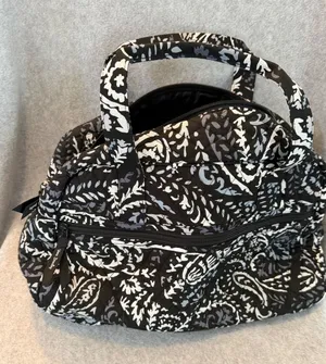 Vera Bradley Quilted Cotton Paisley Handbag Black White Grey Zip Satchel Bag thumbnail 1