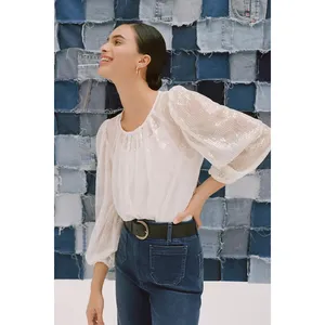 Eva Franco White Sequin Mesh Puff Sleeve Blouse SE10054AN Size S thumbnail 2