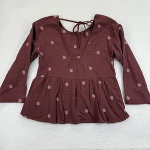 Madewell Embroidered Floral Peplum Top Gauze Tie‎ Back Maroon Womens Size S thumbnail 9