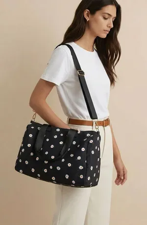 NWOT Alice + Olivia Black Daisy Print Weekender tote bag and matching hat thumbnail 1